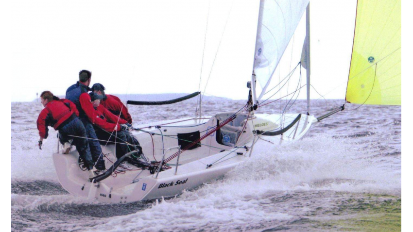 Black Seal GBR437 of Richard Thompson with Jamie Lea at the helm, Nigel Young (IRL), Jimbo Schwerdt (GER) and Rob Larke - 3rd at the 2002 Melges 24 Worlds in Travemünde, Germany