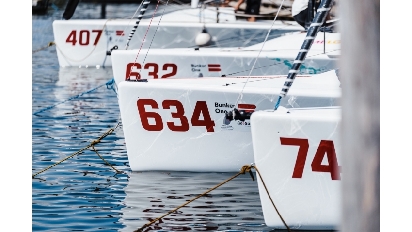 Melges 24 boats moored at the Middelfart Marina, Denmark for the Melges 24 Worlds 2023