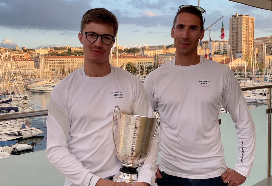 Luis Tarabochia and Sebastian Bühler of White Room GER677 with the perpetual Corinthian trophy of the Melges 24 European Sailing Series