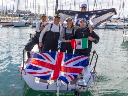 ZHIK RACE TEAM GBR694 by Miles Quinton and crewed by Geoff Carveth, Oliver Wells, Giacomo Conti, and Sara Zuppini