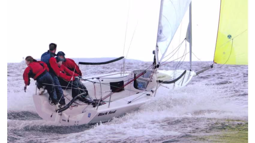 Black Seal GBR437 of Richard Thompson with Jamie Lea at the helm, Nigel Young (IRL), Jimbo Schwerdt (GER) and Rob Larke - 3rd at the 2002 Melges 24 Worlds in Travemünde, Germany