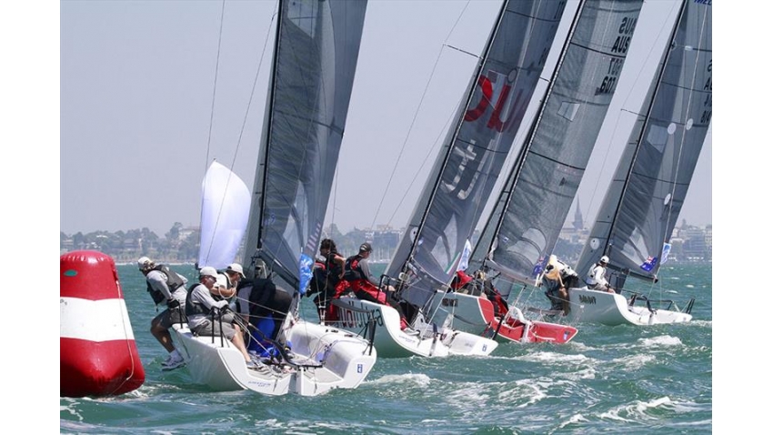 Star ( Harry Melges), Audi ( Riccardo Simoneschi), Red Mist (Robin Duessen) and Bandit (Warwick Rooklyn) on day 2 of the Gill Melges 24 World Championships at Geelong © Teri Dodds