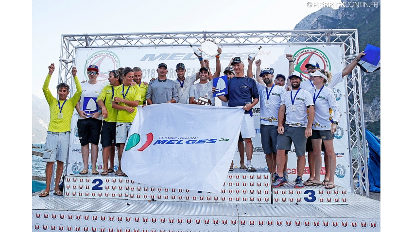 Melges 24 European Championship 2018 podium - 1st Maidollis ITA854 of Gian Luca Perego with Carlo Fracassoli helming; 2nd Caipirinha Jr ITA633 with Matteo Ivaldi at the helm; 3rd Lucky Dog / Gill Race Team USA749 with Travis Weisleder at the helm