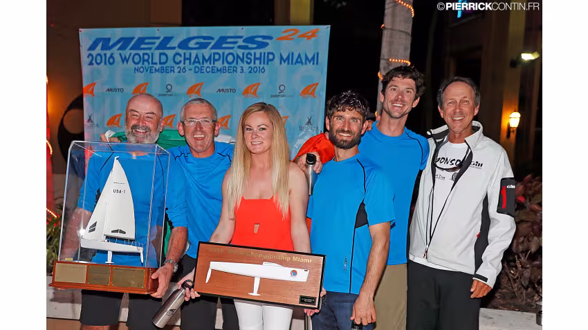 2016 Melges 24 World Champion - Embarr IRL829 of Conor Clarke, with Stuart McNay (USA), David Hughes (USA), Maurice O'Connell, Aoife English and coach Morgan Reeser with the Melges Performance Sailboats Trophy