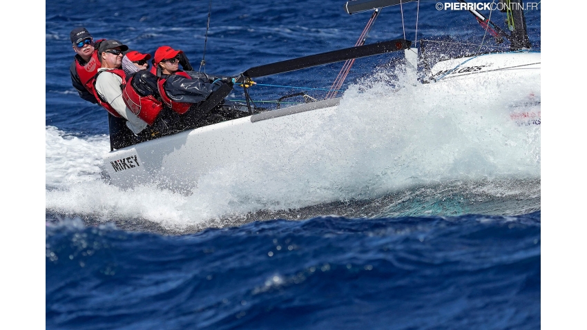 Mikey of Kevin Welch with Jeff Madrigali at the helm  at the 2019 Melges 24 Worlds in Villasimius, Sardinia, Italy