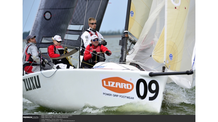 ZUXU EST791 of Peter Saraskin with Kalev Tanner, Karl-Hannes Tagu, Liis Koort and Tuuli Org at the 2013 Magic Marine Melges 24 European Championship - Medemblik, the Netherlands