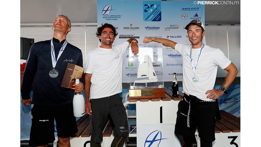 Carlo Fracassoli, Enrico Fonda and Gianluca Perego celebrating 2017 Melges 24 World Champion title in Helsinki, Finland