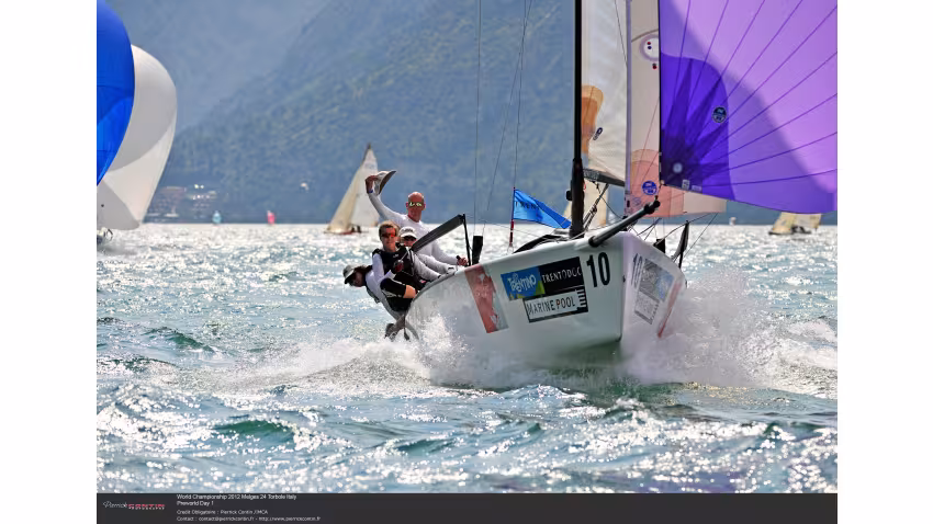 Carlo Vroon of Gelikt NED789 at the 2012 Melges 24 Pre-Worlds on Lake Garda, Torbole, Italy