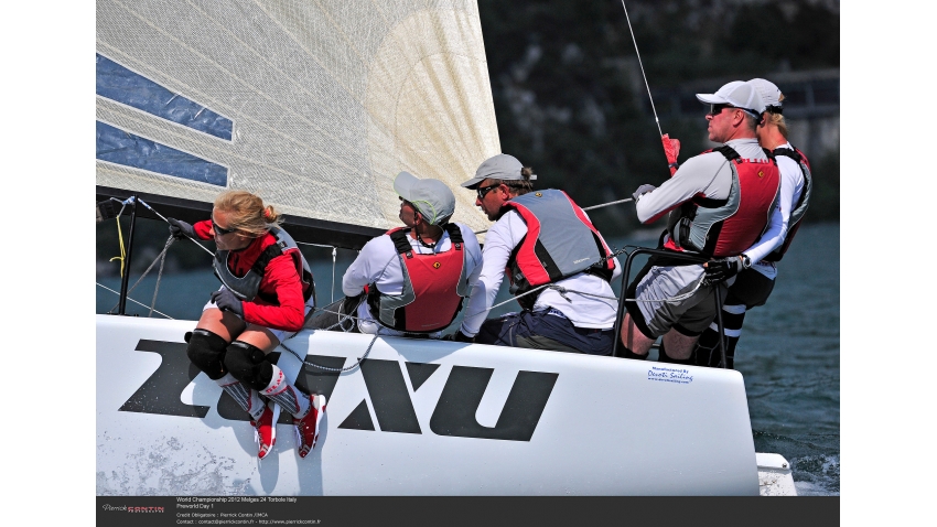 ZUXU EST791 of Peter Saraskin with Tuuli Org, Liis Koort, Paavo Pettai and Kalev Tanner at the 2012 Melges 24 Worlds in Torbole, Italy