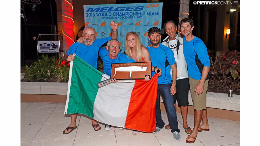 Embarr IRL829 of Conor Clarke with Stuart McNay (USA), David Hughes (USA), Maurice O'Connell, Aoife English, coach Morgan Reeser - 2016 Melges 24 World Champion in Miami