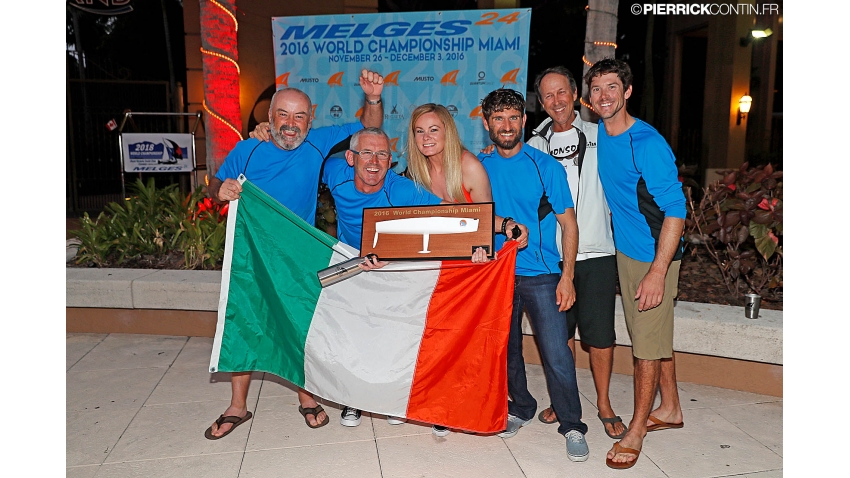 Embarr IRL829 of Conor Clarke with Stuart McNay (USA), David Hughes (USA), Maurice O'Connell, Aoife English, coach Morgan Reeser - 2016 Melges 24 World Champion in Miami