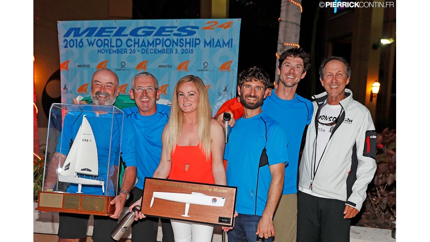 Embarr IRL829 of Conor Clarke with Stuart McNay (USA), David Hughes (USA), Maurice O'Connell, Aoife English, coach Morgan Reeser - 2016 Melges 24 World Champion in Miami