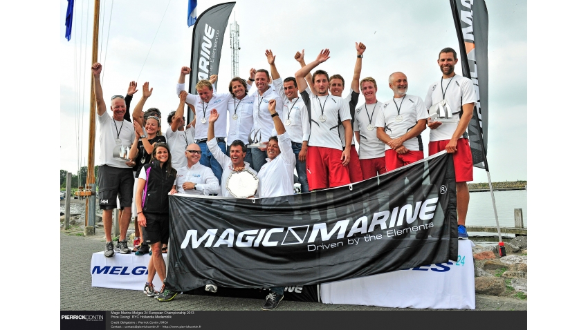 Blu Moon SUI825 of Franco Rossini with Flavio Favini helming at the 2013 Magic Marine Melges 24 European Championship in Medemblik, the Netherlands