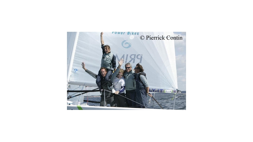 Luca Santella with his Joe Fly Team of owner Giovanni Maspero, tactician Morgan Larsen, trimmer Federico Michetti and bow Camilla Bert - 2003 Melges 24 European Champions - Helsinki, Finland