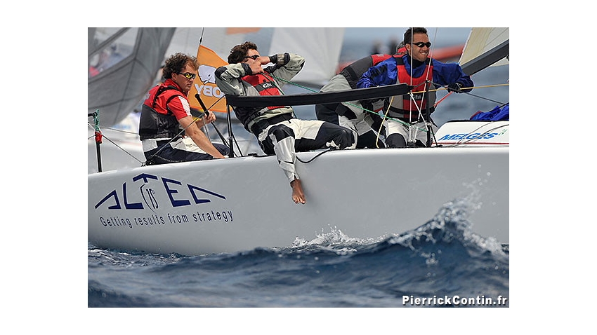 Andrea Racchelli helming Altea at the 2008 Volvo Melges 24 World Championship in Porto Cervo, Italy