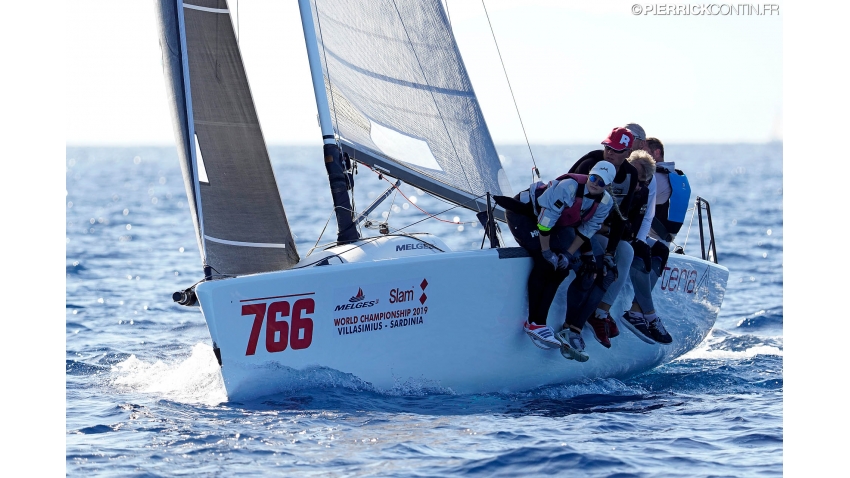 Rock City team of Tiit Vihul, Martin Müür, Indrek Ulla, Ago Rebane and Triin Sarapuu at the 2019 Melges 24 World Championship in Villasimius, Sardinia, Italy