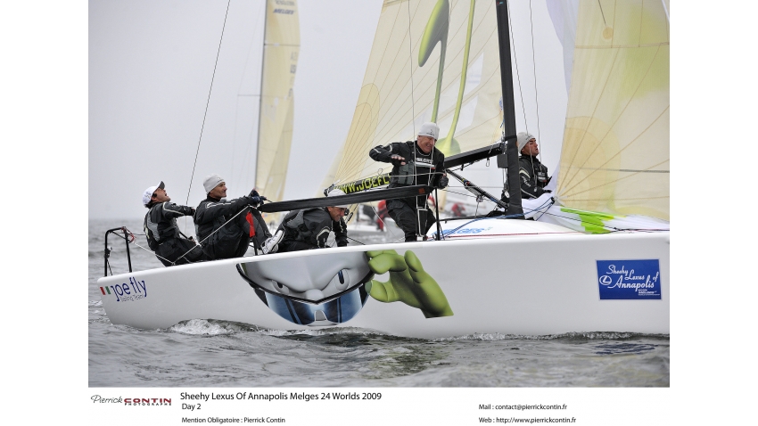 Gabrio Zandona helming for Giovanni Maspero on ITA-777 Joe Fly at the 2009 Sheehy Lexus of Annapolis Melges 24 World Championship 