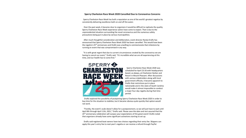 Cancellation of the Sperry Charleston Race Week 2020