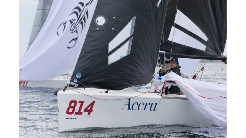 Glenda and Kevin Nixon's Accru during a spinnaker drop - 2020 Melges 24 Australian Nationals