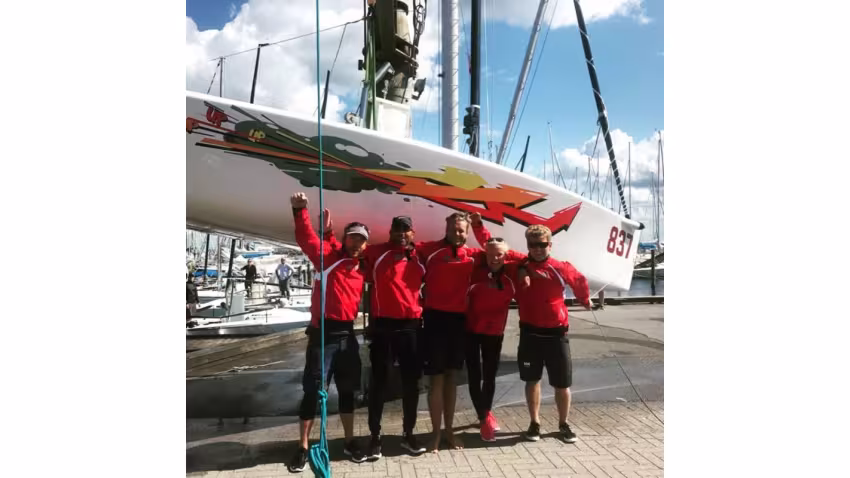 UpUpUp DEN837 team of Bo Boje Pedersen, tactician Joachim Aschenbrenner, Kristian Kviid Sorensen, August La Cour and Christina Andersen – 2018 Melges 24 Danish Champion