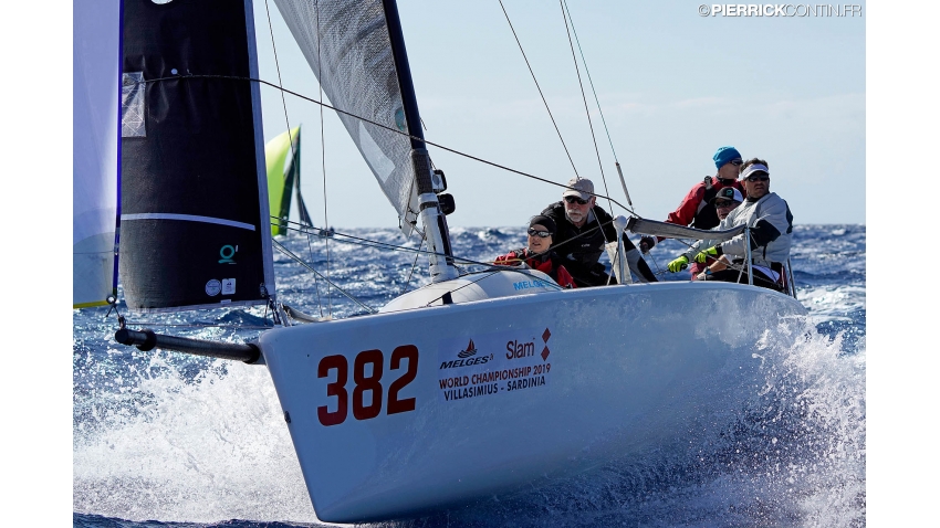 Cinghi Aile SUI382 of Michael Good with Nino Castellan, Katharina Hanhart, Michael Neracher and Regina Tzeschlock at the 2019 Melges 24 Worlds in Villasimius, Sardinia, Italy