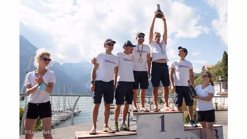 Paolo Brescia's Melgina ITA693 with Simon Sivitz Kosuta, Jas Farneti, Stefano Orlandi and Ariberto Strobino at the 2020 Melges 24 Italian Championship in Torbole
