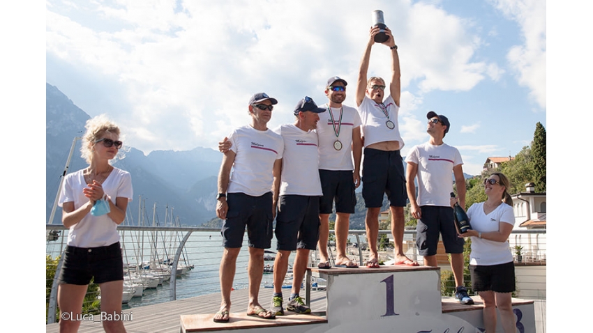 Paolo Brescia's Melgina ITA693 with Simon Sivitz Kosuta, Jas Farneti, Stefano Orlandi and Ariberto Strobino at the 2020 Melges 24 Italian Championship in Torbole