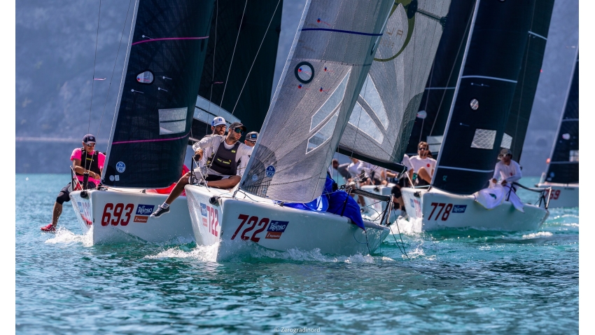 Andrea Racchelli's Altea ITA722 is leading the pack getting the bullet on today's second race - 2020 Melges 24 European Sailing Series Event #1 in Torbole, Italy 