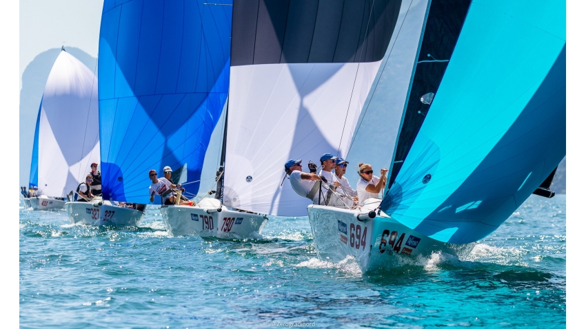 Miles Quinton's Gill Race Team GBR694 with Geoff Carveth at the helm ahead of the fleet at the 2020 Melges 24 European Sailing Series Event #1 in Torbole, Italy - © Zerogradinord