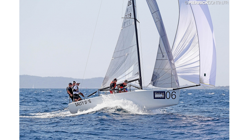 SALTY DOG DEN779 of Peter Warrer with Mathias Lehem Sletten, Soren Kristensen, Andre Ostergard, and Mathias Borreskov at the 2016 Melges 24 Europeans, Hyeres, FRA