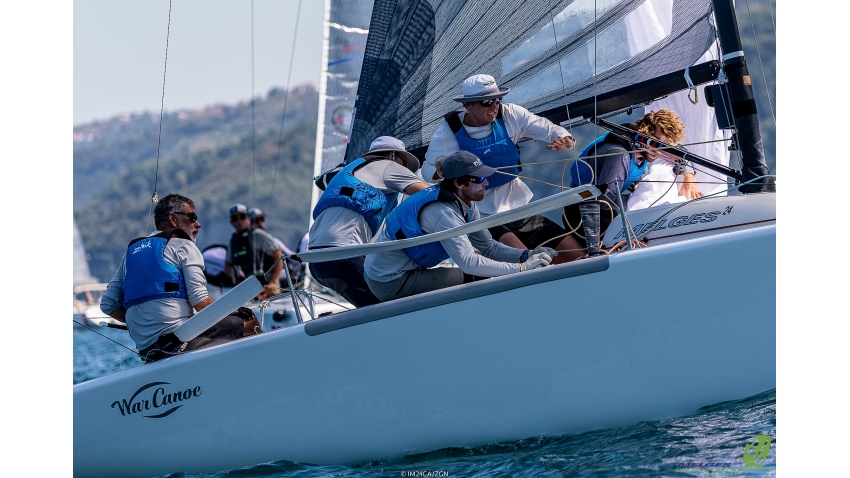 Team War Canoe USA841 of Michael Goldfarb takes two bullets on Day Two at the Melges 24 European Championship 2021 in Portoroz, Slovenia.
