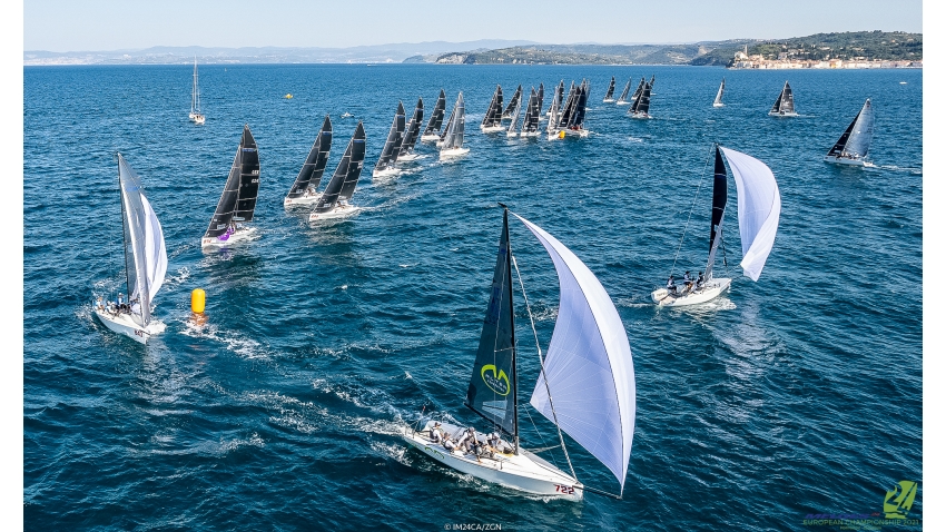 Andrea Racchelli's Altea ITA722 is leading the pack at the Melges 24 European Championship 2021 in Portoroz, Slovenia in the picturesque bay of Piran