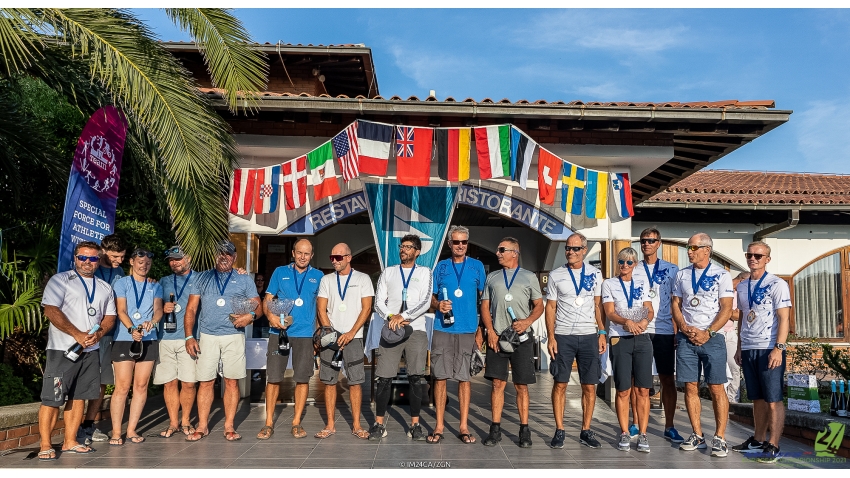 The overall podium of the Melges 24 European Championship 2021 in Portoroz - Altea ITA722 of Andrea Racchelli, Gill Race Team GBR694 of Miles Quinton and Lenny EST790 of Tõnu Tõniste