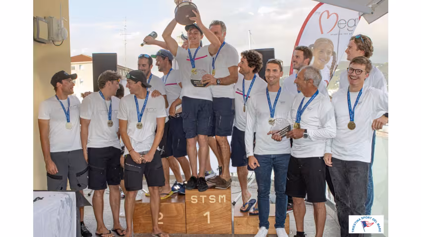 The overall podium of the Melges 24 European Sailing Series 2021 - 1. Melgina ITA793, 2. Arkanoe by Montura ITA809, 3. White Room GER677 - Trieste, Italy