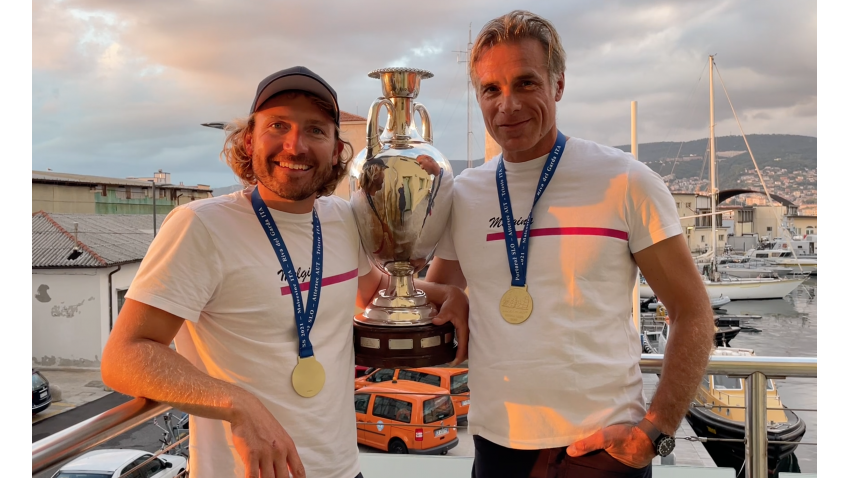 Paolo Brescia and Simon Sivitz of Melgina ITA793 with the perpetual trophy of the Melges 24 European Sailing Series 2021 - Trieste, Italy