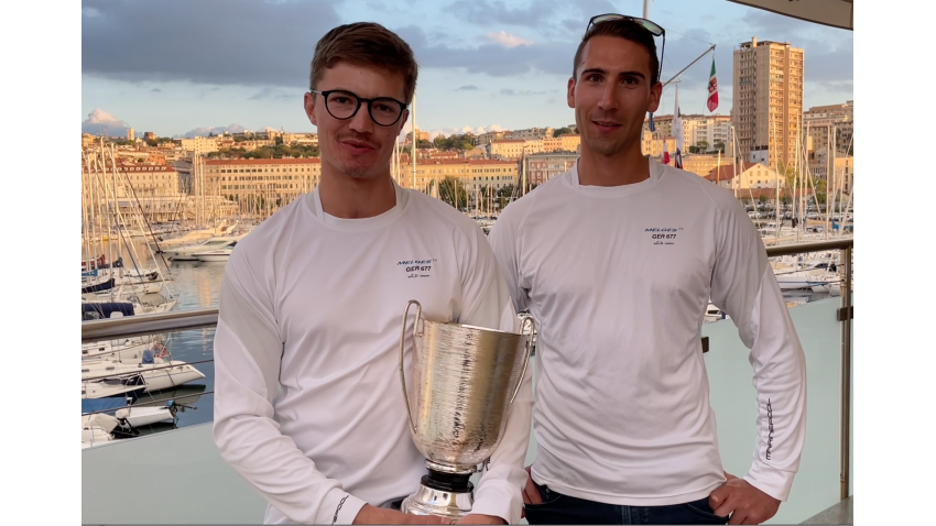 Luis Tarabochia and Sebastian Bühler of White Room GER677 with the perpetual Corinthian trophy of the Melges 24 European Sailing Series - Trieste, Italy