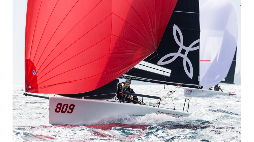 Arkanoe by Montura ITA809 of Sergio Caramel with Filippo Orvieto, Riccardo Gomiero, Federico Gomiero and Sara Zuppin at the first event of the Melges 24 European Sailing Series 2022 in Rovinj, Croatia.