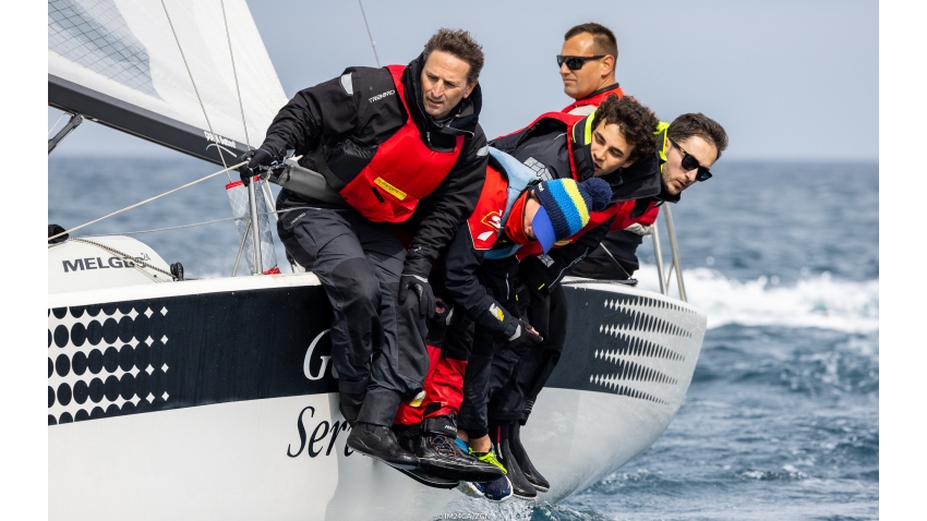 The engines of the Melges 24 fleet in Trieste and the upcoming Melges 24 regatta are Davide Rapotez and Simone Viduli, both sailing onboard of Destriero ITA579 with Massimilano Palmisano, Matteo Gionichetti, and Tristano at the opening event of the Melges 24 European Sailing Series 2022 in Rovinj, Croatia.