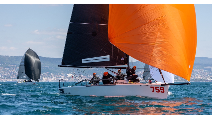 The Hungarian team Seven_Five_Nine HUN759 of Akos Csolto took two bullets and third place on the opening day and is leading the pack after Day One at the second event of the Melges 24 European Sailing Series 2022 in Trieste, Italy