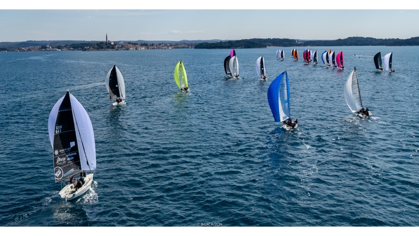 Sunday sailing in south-westerly wind up to 8,5 knots and sunshine, with the ancient city of Rovinj and the Church of St. Euphemia on the background - the opening event of the Melges 24 European Sailing Series 2022 