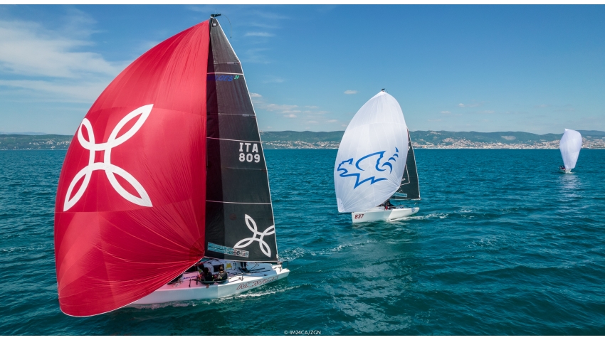 Arkanoe by Montura ITA809 of Sergio Caramel took the bullet from the final race of the day and is completing the provisional podium after Day One at the second event of the Melges 24 European Sailing Series 2022 in Trieste, Italy