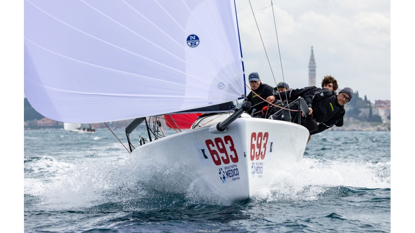 Melgina ITA693 of Paolo Brescia with Simon Sivitz, Jas Farneti, Ariberto Strobino and Marco Ascoli, overall winner of the 2021 Melges 24 European Sailing Series, at the first event of the Melges 24 European Sailing Series 2022 in Rovinj, Croatia.