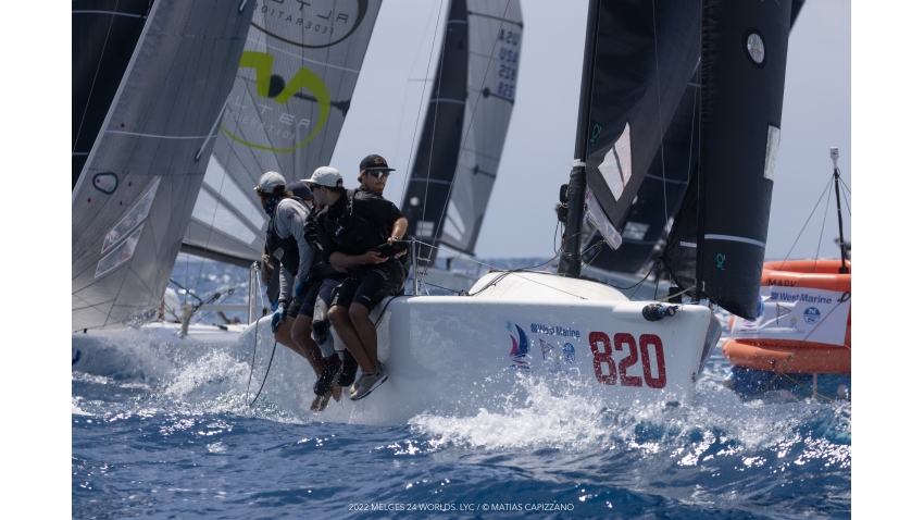 Bora Gulari on the helm of New England Ropes USA820 with Kyle Navin, Norman Berge and Ian Liberty and Michael Menninger onboard, lead after first day in Fort Lauderdale at the Melges 24 World Championship 2022