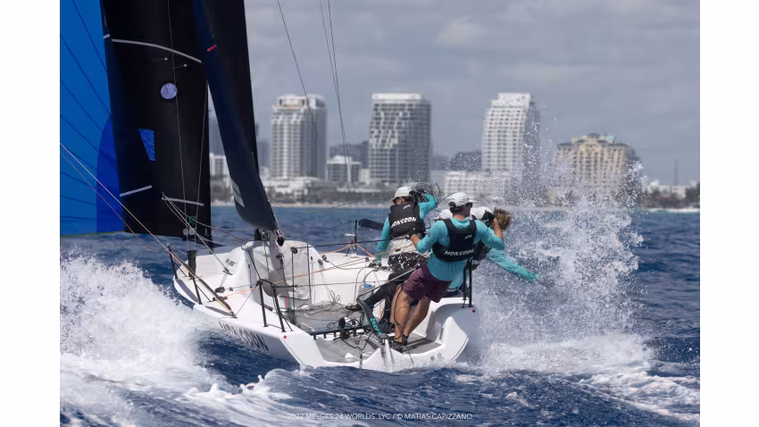 Bruce Ayres' Monsoon (USA, 5-3-12) with Jeremy Wilmot, Chelsea Simms, Ted Hackney and Tomas Dietrich is on fourth position after day one at the Melges 24 World Championship 2022 in Fort Lauderdale