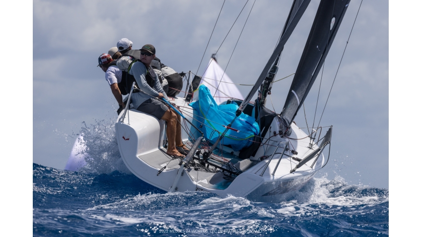 2021 Rolex Yachtsman of the Year Harry Melges IV steering Zenda Express USA866, took the first bullet of the 2022 Melges 24 World Championship