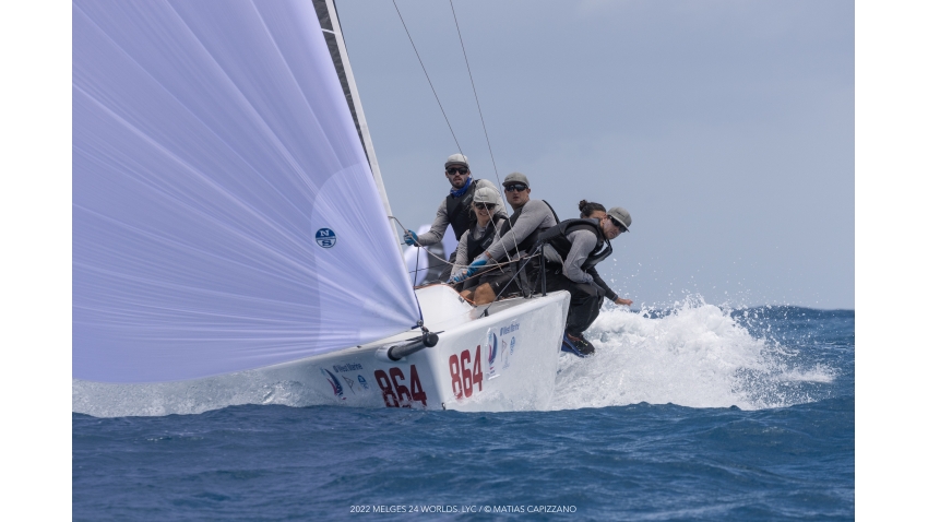 Laura Grondin on Dark Energy, where the tactical choices are entrusted to Taylor Canfield, had a good day thus far winding out the day in third after three races at the Melges 24 Worlds 2022