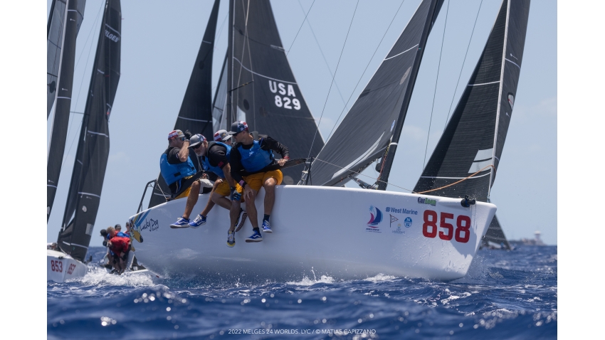 Travis Weisleder with John Bowden, Mark Mendleblatt, Hayden Goodrick on on Lucky Dog USA851 are on fifth place after three races at the Melges 24 Worlds 2022 