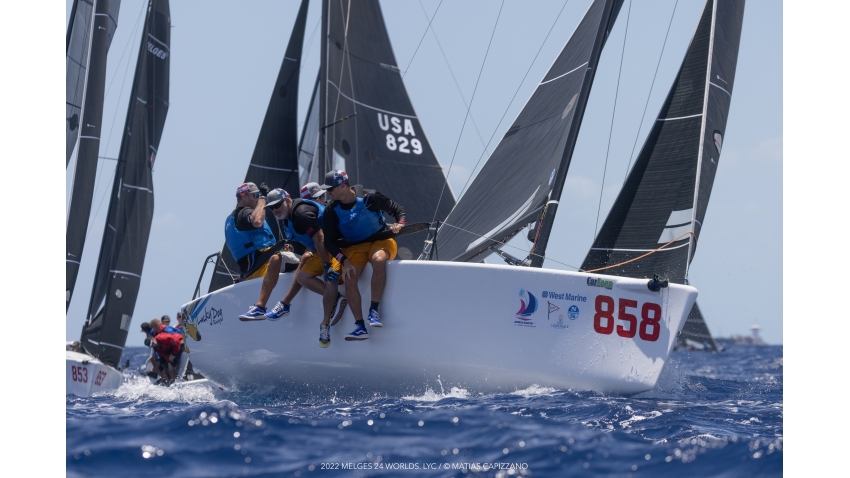 Travis Weisleder with John Bowden, Mark Mendleblatt, Hayden Goodrick on Lucky Dog USA858  at the Melges 24 Worlds 2022 