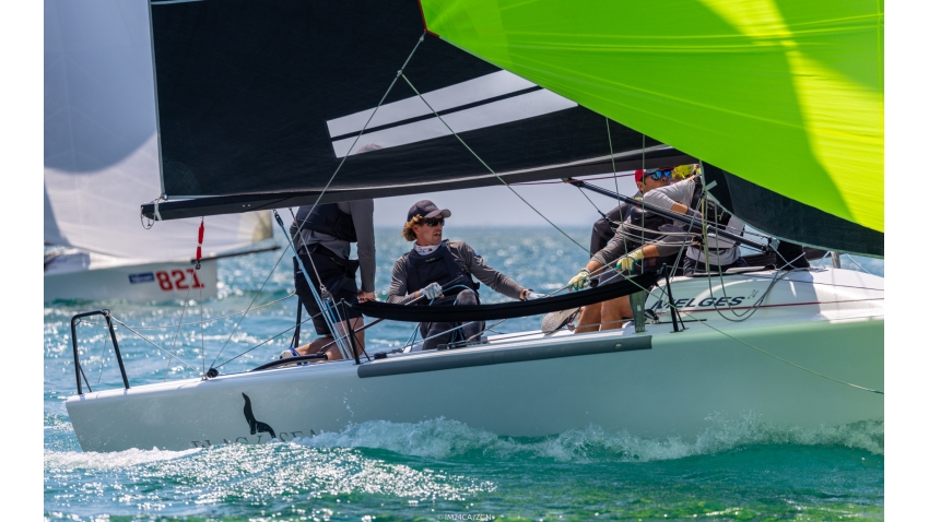 Black Seal GBR822 of Richard Thompson with Stefano Cherin steering, took the bullet and is on third position after Day 1 of Day 1 of the Melges 24 European Sailing Series 2022 event 4 in Riva del Garda, Italy.