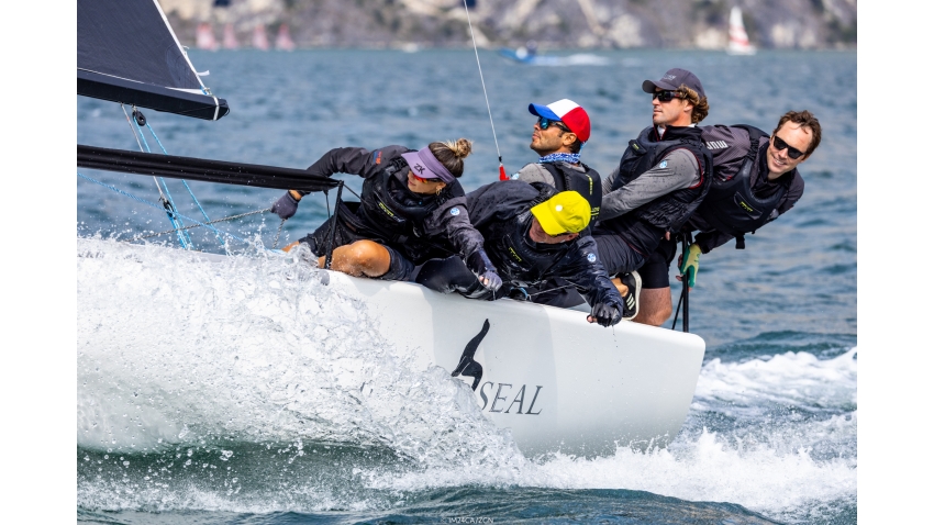 Richard Thompson's Black Seal GBR822 steered by Stefano Cherin finished as second the Melges 24 European Sailing Series 2022 event 4 in Riva del Garda, Italy.